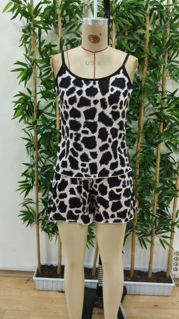 Set de două piese pentru femei, bluză și pantaloni scurți cu guler rotund și bretele, Supreme, 27664