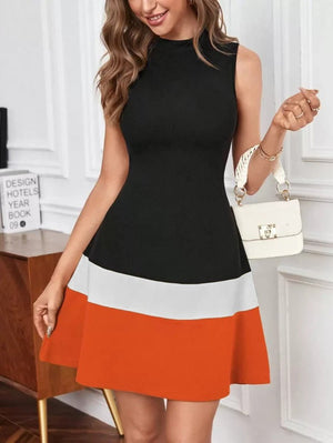 Rochie de damă fără mâneci, cu guler înalt, din crep importat, cu detalii în dungi, 25209