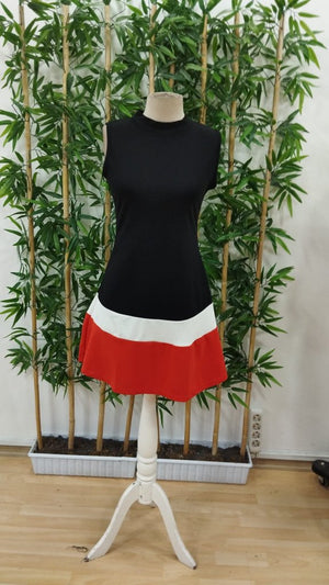 Rochie de damă fără mâneci, cu guler înalt, din crep importat, cu detalii în dungi, 25209