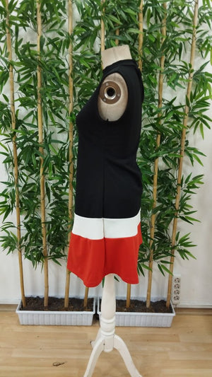 Rochie de damă fără mâneci, cu guler înalt, din crep importat, cu detalii în dungi, 25209