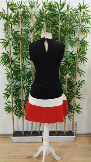 Rochie de damă fără mâneci, cu guler înalt, din crep importat, cu detalii în dungi, 25209