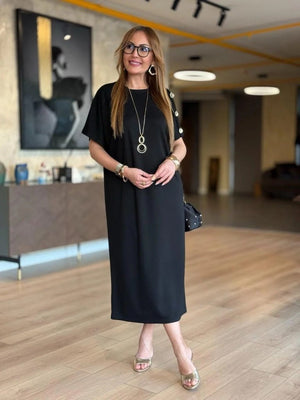 Rochie lungă din viscoză cu două fire, cu guler rotund și mânecă scurtă, 31242