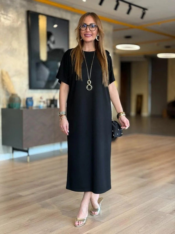Rochie lungă din viscoză cu două fire, cu guler rotund și mânecă scurtă, 31242