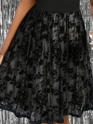 Rochie de damă cu mânecă scurtă, guler rotund, tul, imprimeu cu detalii înflorate, 25276