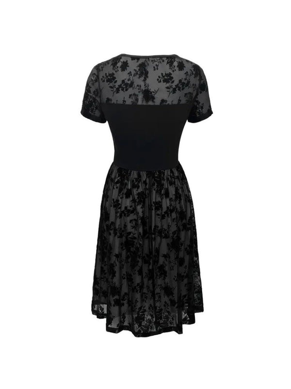 Rochie de damă cu mânecă scurtă, guler rotund, tul, imprimeu cu detalii înflorate, 25276