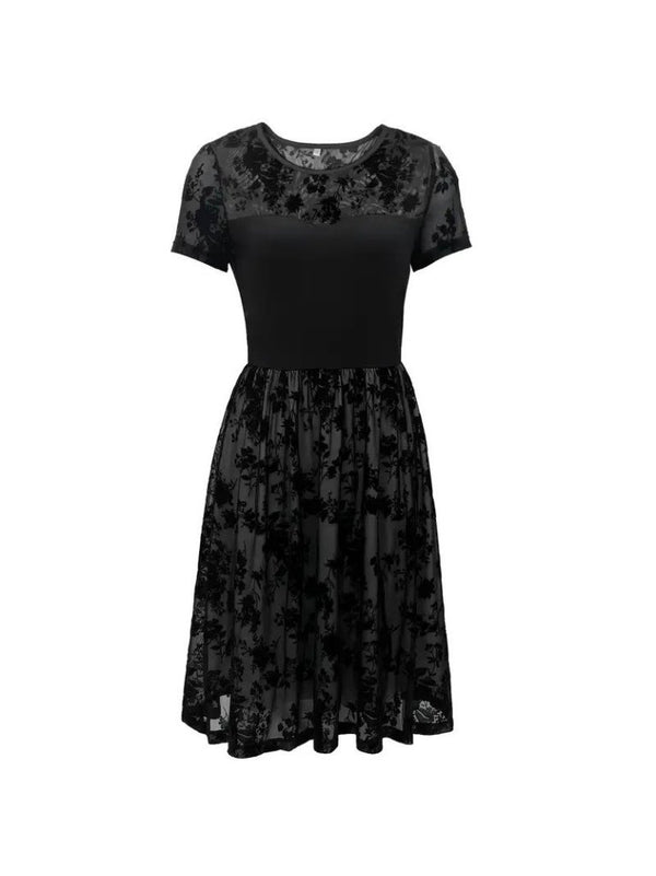 Rochie de damă cu mânecă scurtă, guler rotund, tul, imprimeu cu detalii înflorate, 25276