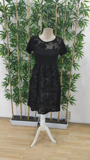 Rochie de damă cu mânecă scurtă, guler rotund, tul, imprimeu cu detalii înflorate, 25276