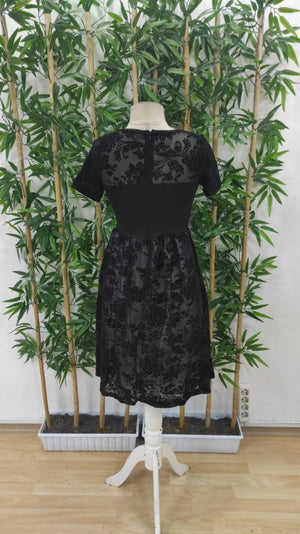 Rochie de damă cu mânecă scurtă, guler rotund, tul, imprimeu cu detalii înflorate, 25276