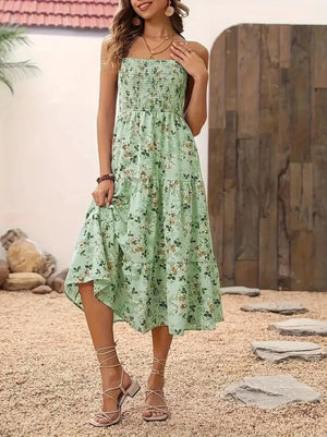 Kadın Ip Askılı Geniş V Yakalı Desenli Uzun Süprem Elbise, 26337