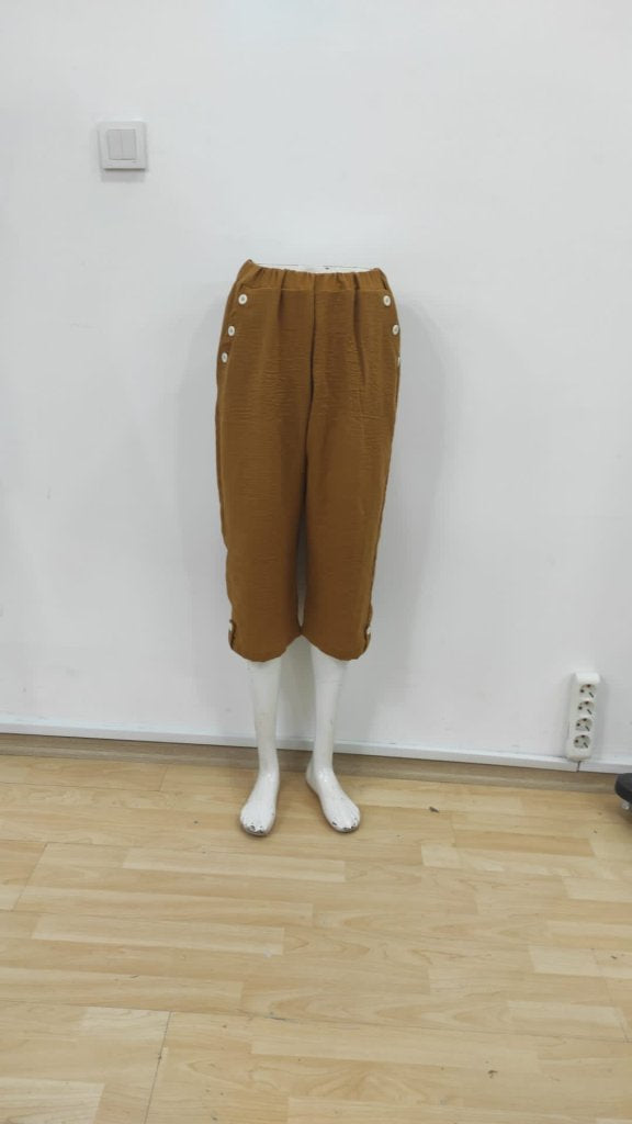Kadın Beli Lastikli Düğme Ve Cep Detaylı Kapri Ithal Keten Pantolon , 25498