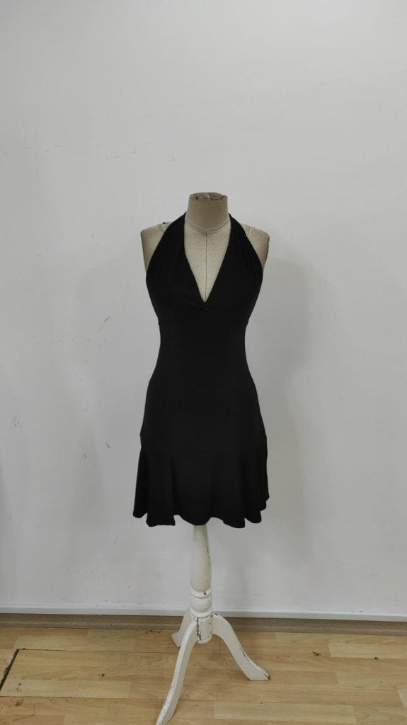 Rochie de damă cu imprimeu de satin, fără mâneci, decolteu adânc în V, cu șireturi și spate decoltat, cu volane, culoare nisip, 25530
