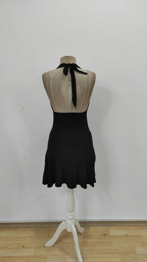 Rochie de damă cu imprimeu de satin, fără mâneci, decolteu adânc în V, cu șireturi și spate decoltat, cu volane, culoare nisip, 25530