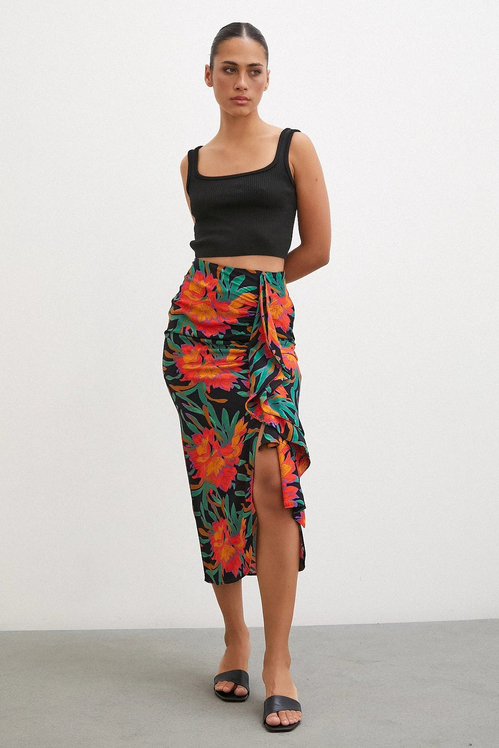 Önü Fırfırlı Desenli Etek - Yeşil - Yeşil - L