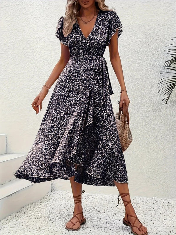 Rochie Supreme cu mânecă scurtă și decolteu înfășurat pentru femei, 26266