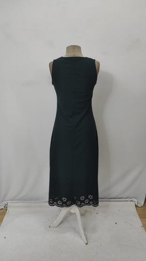 Rochie midi fără mâneci pentru femei, din crep importat, cu tiv decupat cu laser și model floral, 34055