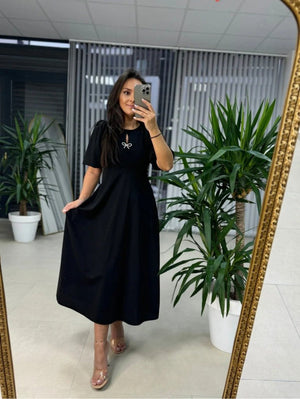 Rochie midi din crep cu mânecă scurtă și guler rotund pentru femei, cu broșă cu fundă, 25719