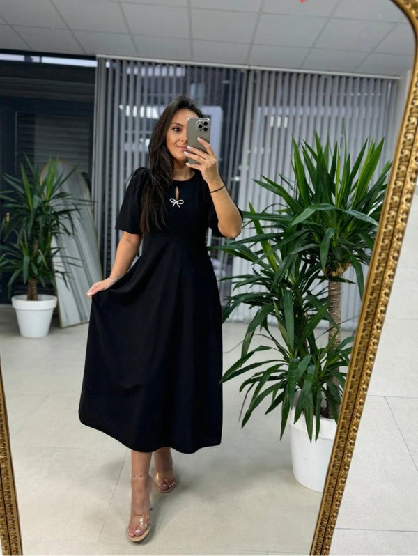 Rochie midi din crep cu mânecă scurtă și guler rotund pentru femei, cu broșă cu fundă, 25719