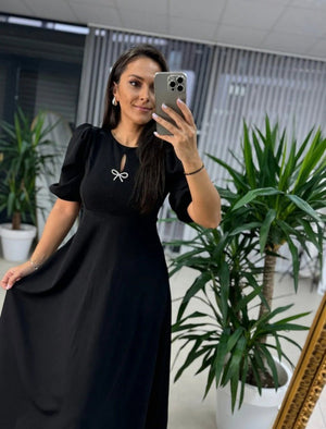 Rochie midi din crep cu mânecă scurtă și guler rotund pentru femei, cu broșă cu fundă, 25719