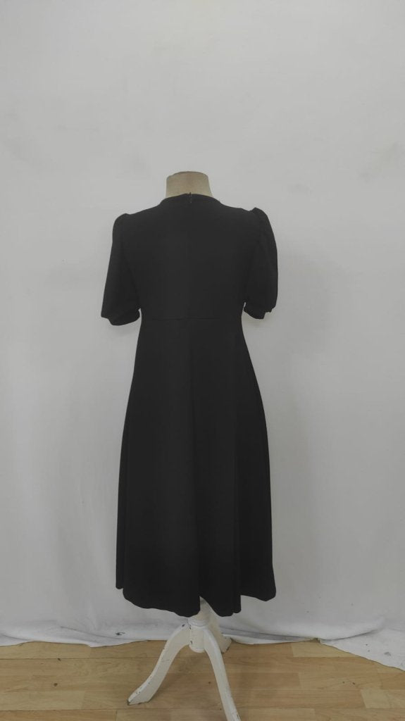 Rochie midi din crep cu mânecă scurtă și guler rotund pentru femei, cu broșă cu fundă, 25719