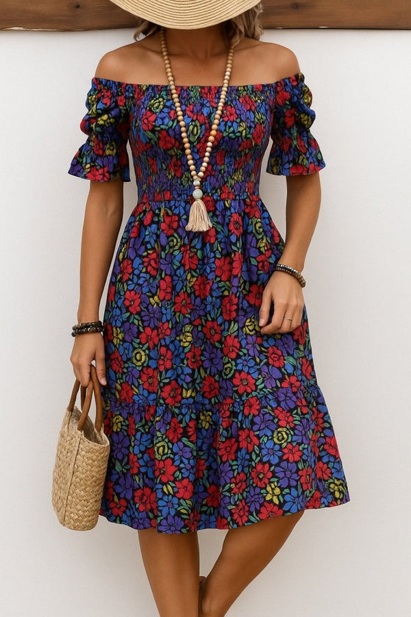 Rochie mini Supreme pentru femei, cu mânecă scurtă, decolteu pătrat, talie elastică, model floral, 25935