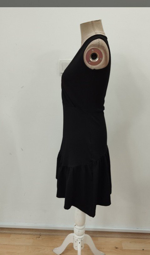 Rochie de damă din crep strălucitor, cu guler înfășurat și volane, 27107