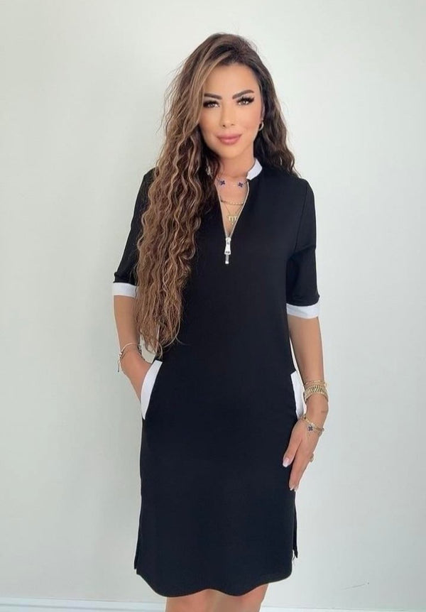 Rochie de damă din viscoză cu mânecă scurtă, fermoar, buzunare și crăpături laterale, 27160