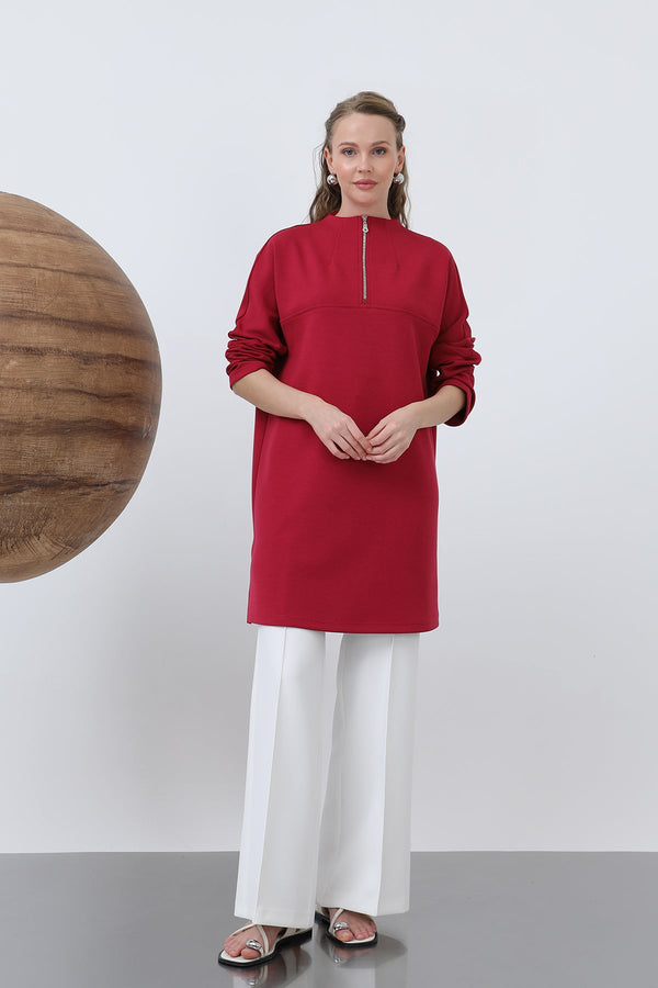 Kadın Önü Fermuar Detaylı Tunik - 10611TUN - BURGUNDY
