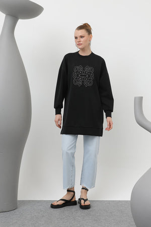 Kadın Önü Yapıştırma Taş Detaylı Tunik - 10612TUN - BLACK