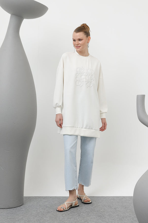 Kadın Önü Yapıştırma Taş Detaylı Tunik - 10612TUN - ECRU