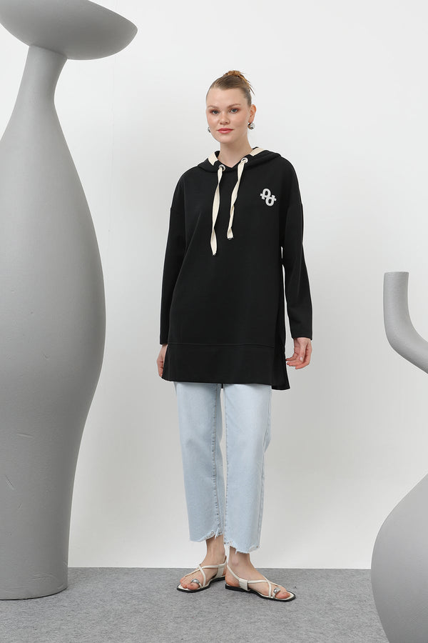 Kadın Nakış Detaylı Balıksırtı Kapişonlu Tunik - 25S-10615TUN - BLACK