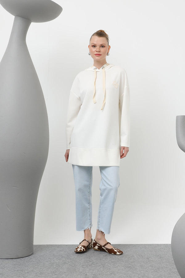 Kadın Nakış Detaylı Balıksırtı Kapişonlu Tunik - 25S-10615TUN - ECRU
