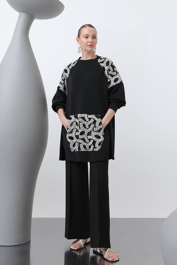 Kadın Kargo Cepli Omuzları Ve Cebi Garnili Tunik - 10624TNK - BLACK