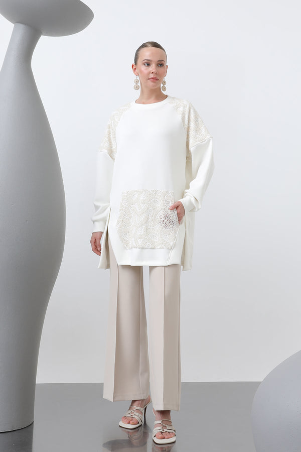 Kadın Kargo Cepli Omuzları Ve Cebi Garnili Tunik - 10624TNK - ECRU