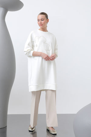 Kadın Önü İşlemeli Garni Detaylı Tunik - 10627TNK - ECRU