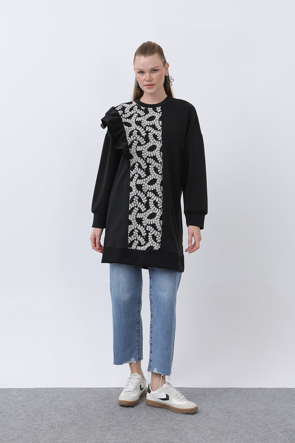 Kadın Omzu Fırfır Detaylı Dantel Garnili Tunik - 10628TNK - BLACK