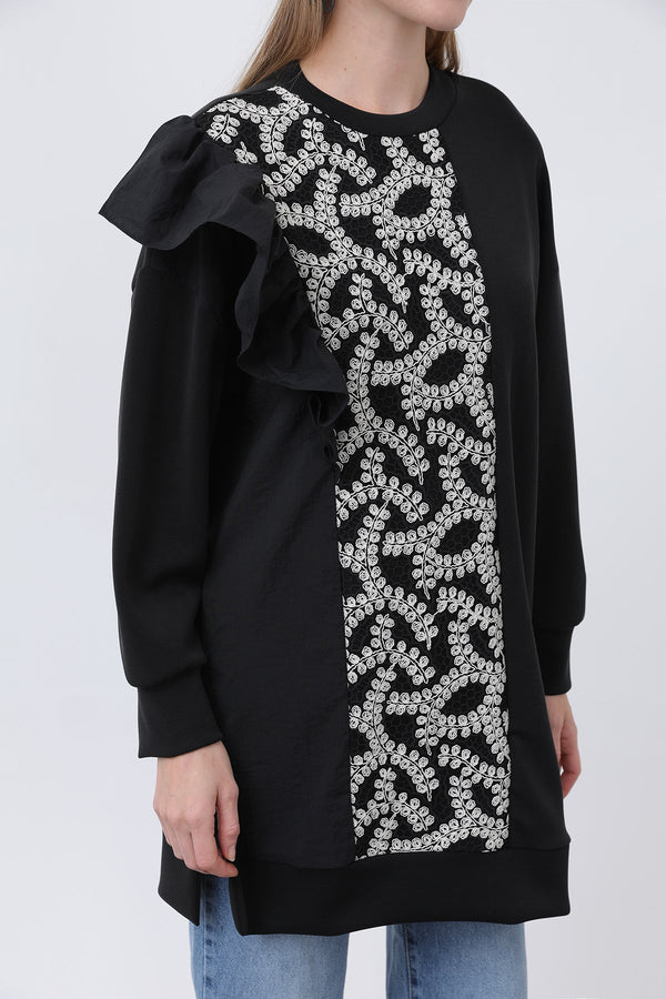 Kadın Omzu Fırfır Detaylı Dantel Garnili Tunik - 10628TNK