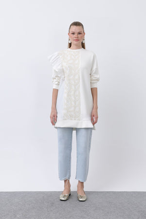 Kadın Omzu Fırfır Detaylı Dantel Garnili Tunik - 10628TNK