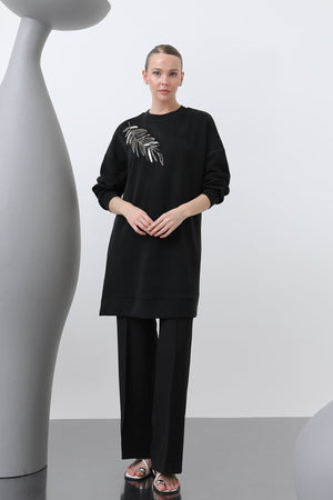 Kadın Omuzu Nakış işlemeli Tunik - 10629TNK - BLACK