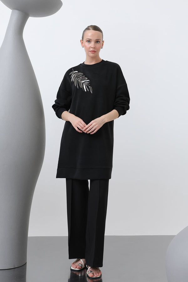 Kadın Omuzu Nakış işlemeli Tunik - 10629TNK - BLACK