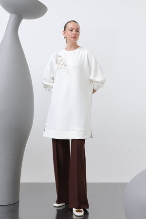 Kadın Omuzu Nakış işlemeli Tunik - 10629TNK - ECRU