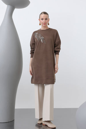 Kadın Omuzu Nakış işlemeli Tunik - 10629TNK - BROWN