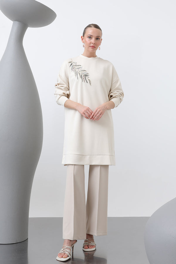 Kadın Omuzu Nakış işlemeli Tunik - 10629TNK - SAND BEIGE