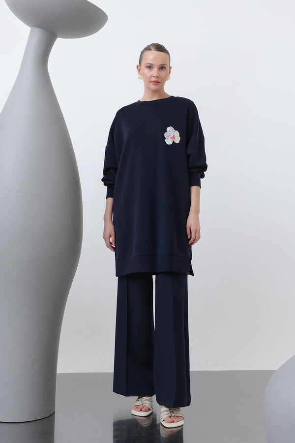 Kadın Önü Ve Arkası Nakış Detaylı Garnili Tunik - 10641TNK - NAVY-BLUE
