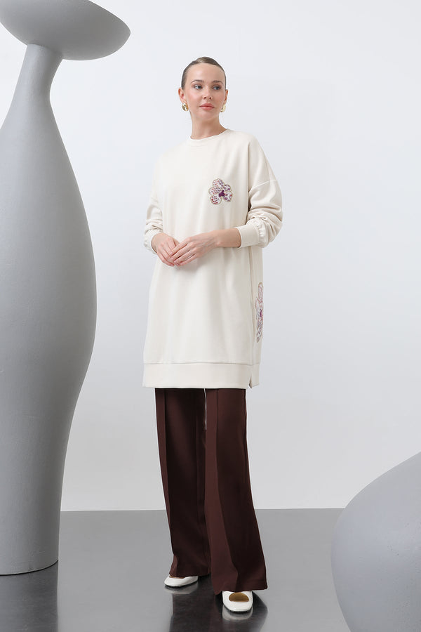 Kadın Önü Ve Arkası Nakış Detaylı Garnili Tunik - 10641TNK - SAND BEIGE-ORANGE