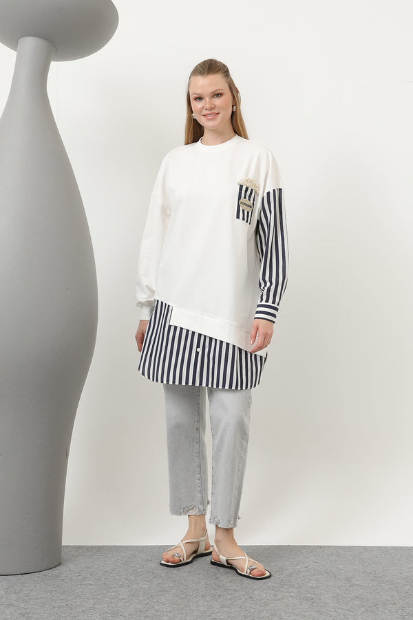 Kadın Önü Pop Corn Baskılı ve Boncuk İşlemeli Çizgi Garnili Tunik - 10651TUN - ECRU-NAVY