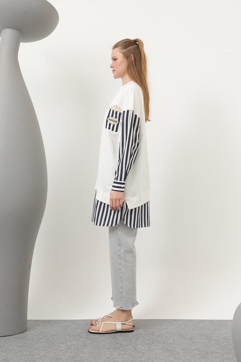 Kadın Önü Pop Corn Baskılı ve Boncuk İşlemeli Çizgi Garnili Tunik - 10651TUN - ECRU-NAVY