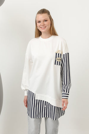 Kadın Önü Pop Corn Baskılı ve Boncuk İşlemeli Çizgi Garnili Tunik - 10651TUN