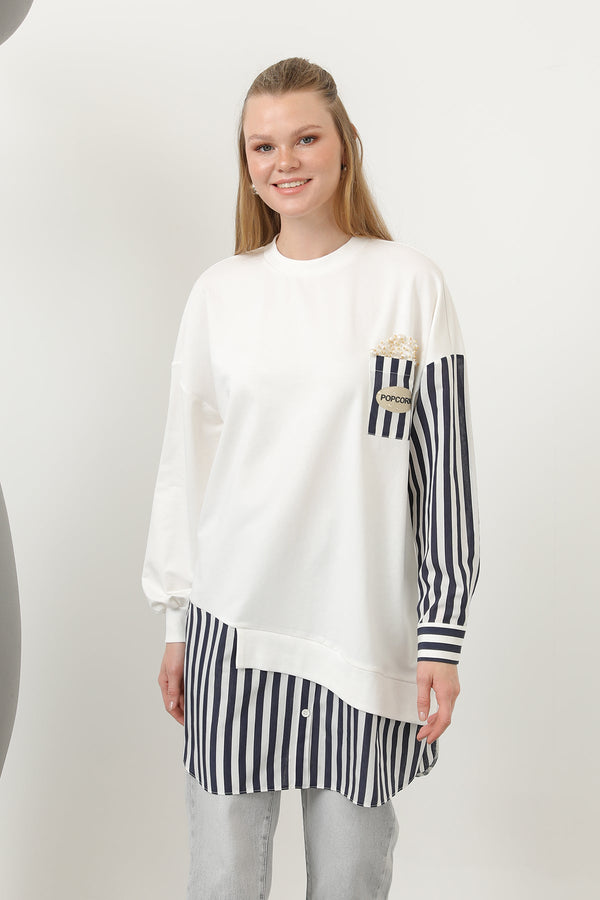 Kadın Önü Pop Corn Baskılı ve Boncuk İşlemeli Çizgi Garnili Tunik - 10651TUN