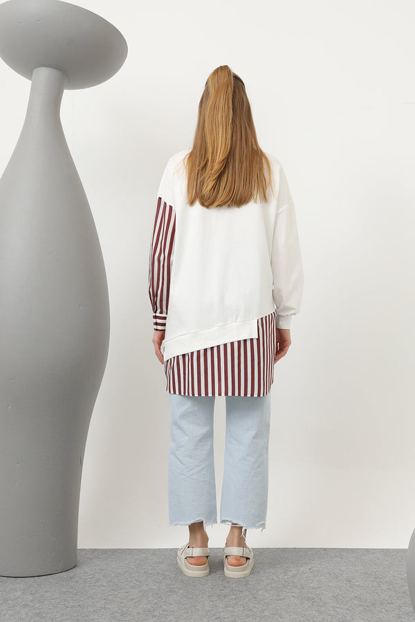 Kadın Önü Pop Corn Baskılı ve Boncuk İşlemeli Çizgi Garnili Tunik - 10651TUN