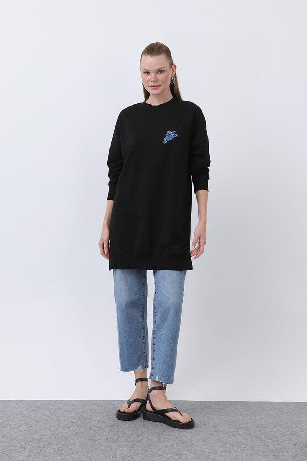 Kadın Önü Üzüm Arkası Meyveli Nakışlı Tunik - 10653TUN - BLACK